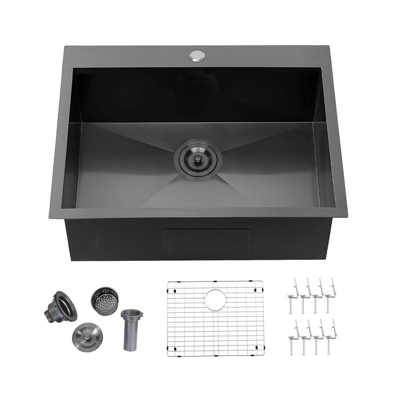 25 x 22 Inch Black Kitchen Sink, Topmount Drop In Stainless Steel Single Bowl...