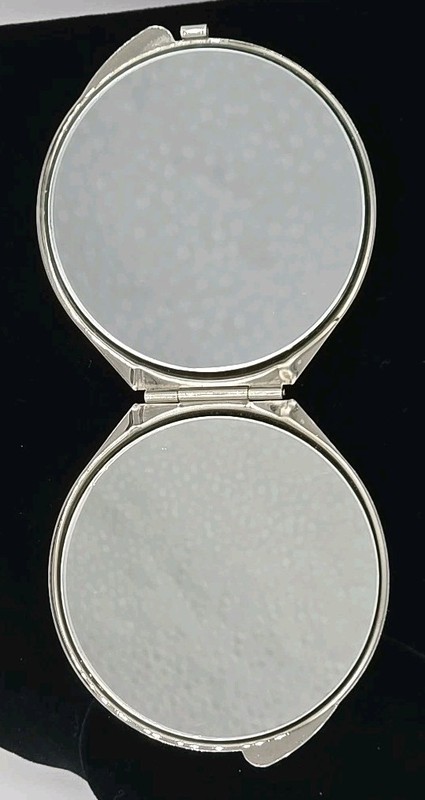 Brighton Compact Mirror, 2 1/2", Silvertone Round Case W/ Brown & Black Logo gallery