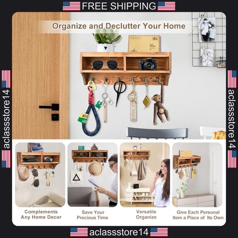 Key Holder Wall Mount Mail Organizer with 6 Hooks Sunglasses and Leash Storage gallery