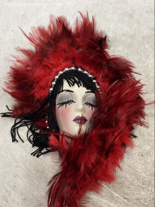 Red Black Ceramic With Feathers & Fringe Yarn Wall Hanger Womens Face Mask