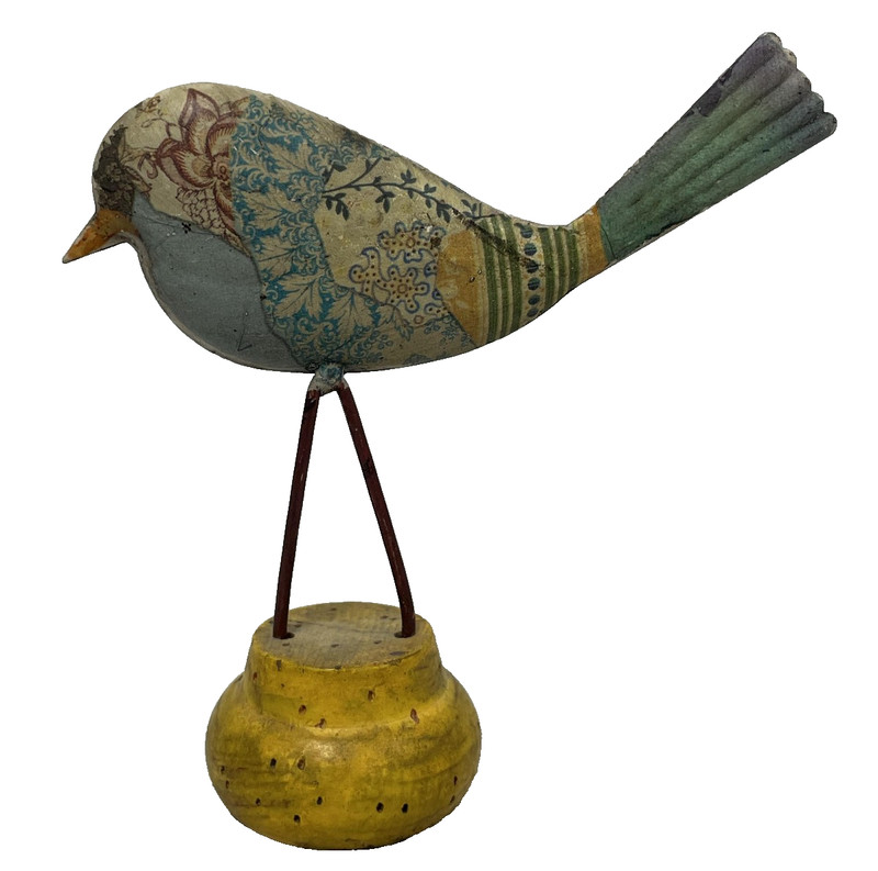 Decoupage Wooden Bird Figurine Folk Art Hand Carved Patchwork Wood Base 4.5″