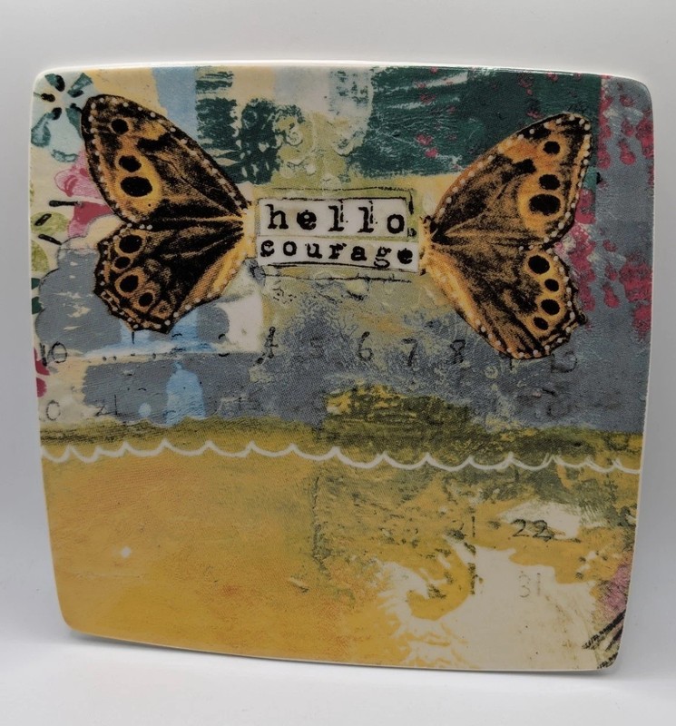 Inspirational Home Decor Creative Co-Op Ceramic Butterfly Plate “Hello Courage”
