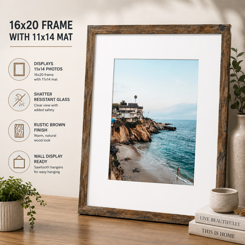 16×20 Rustic Brown Picture Frame 11×14 Mat Shatter Resistant Glass Photo Poster