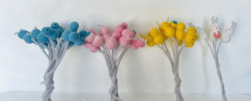 1970s vintage Easter foam Flower Stems Bunch – Blue, Pink, Yellow, White 45pc