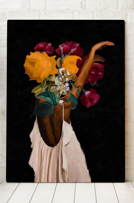 Black Woman Floral Head Canvas Art Print, African American Wall Decor