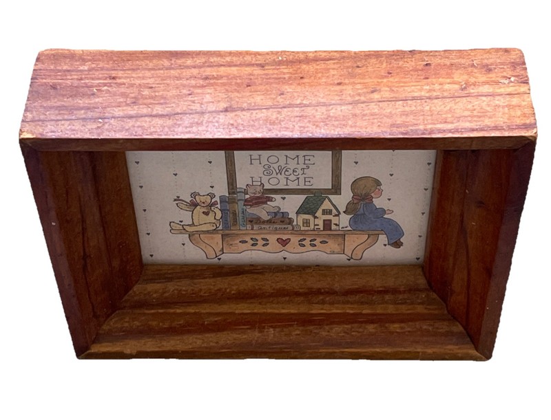 Vtg Mini Wood Framed Picture Box Primitive Country Shelf Sitting Toys 4.5 X 3.25 gallery