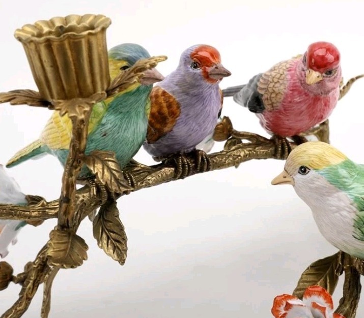 PORCELAIN AND BRONZE ORMOLU MULTI BIRDS SCULPTURE CANDLE HOLDER-16"L gallery