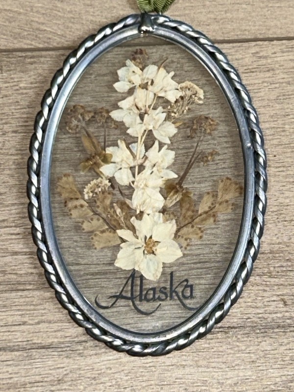 Alaska Souvenir Leaded Glass Suncatcher Pressed Flowers Hanging Decor 7”X 4.5”