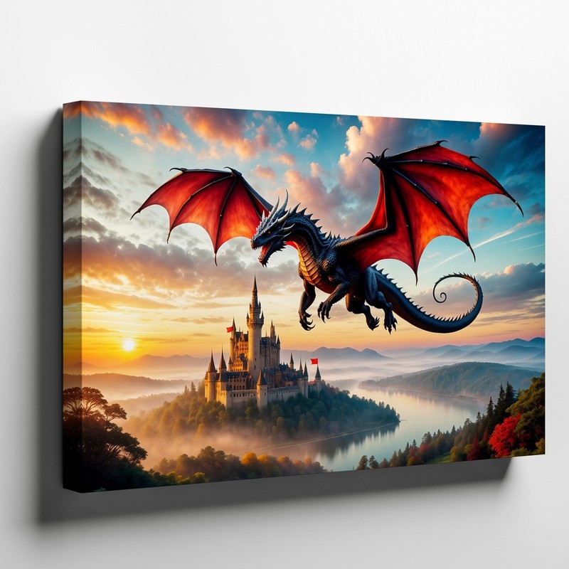 Majestic Black Dragon With Crimson Wings Soars Through A Vibrant Sunset Wall Art