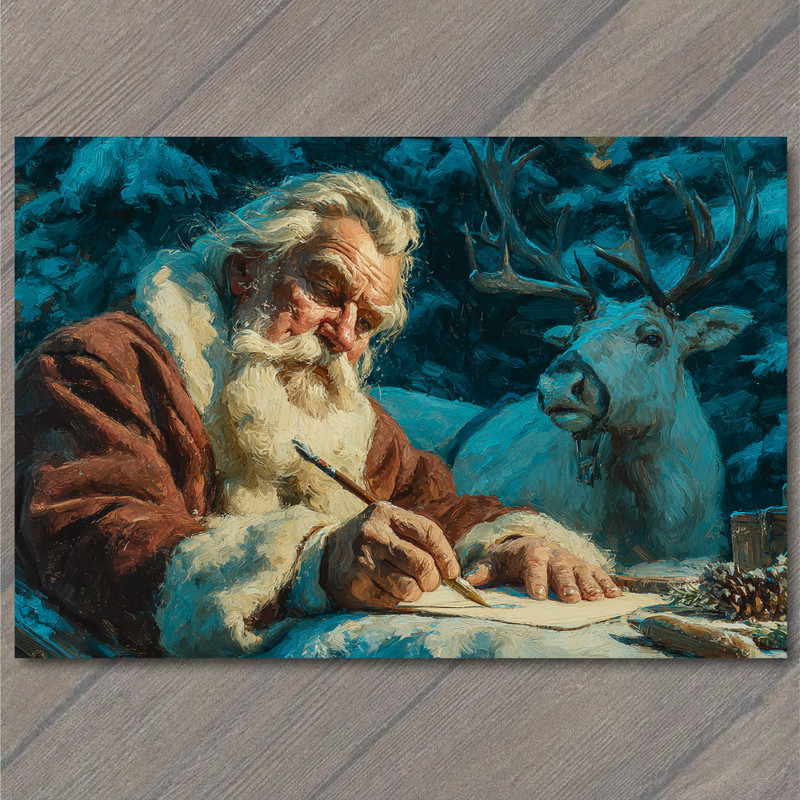 Art Print Santa Writing Letter Reindeer Winter Forest Christmas Night Snow Holid