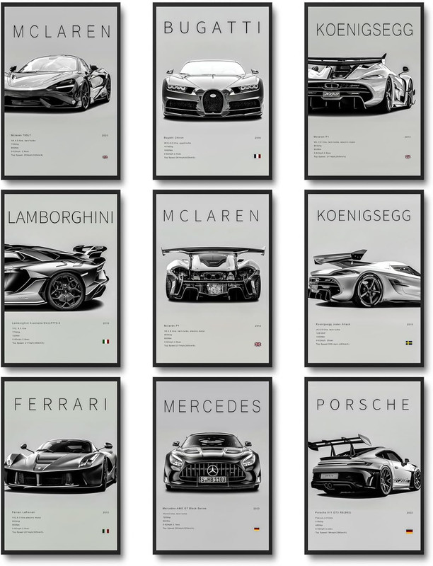 9Pcs Super Car Posters for Boys Room, Racing Car Wall Art for Me…