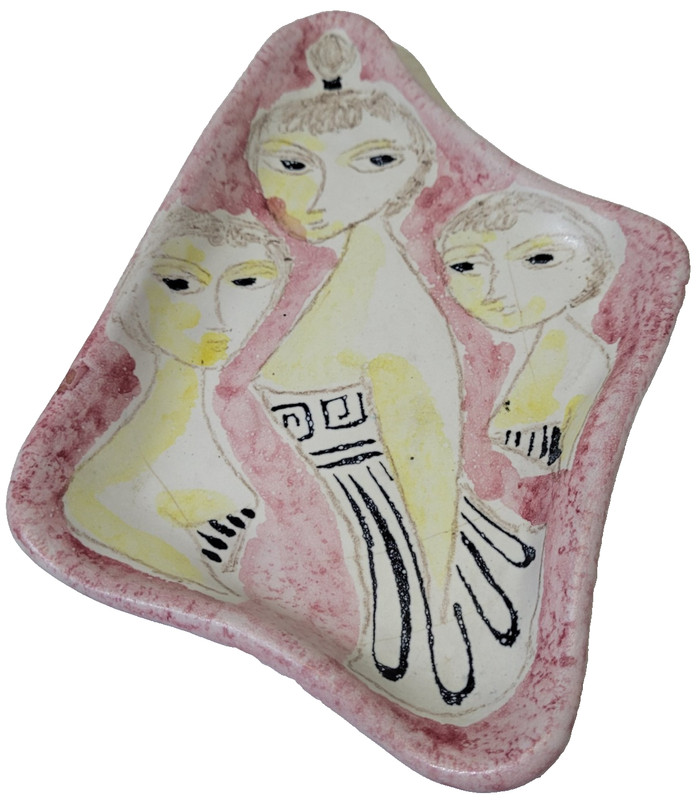 Italian Art Pottery Trinket Dish Figural Women Pink MCM Fantoni Style 9.5″