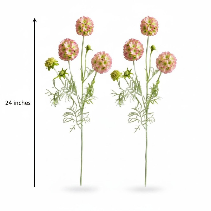 Artificial Scabiosa Flower Stems Pink Green Faux Wildflower Cottage Floral Fille gallery