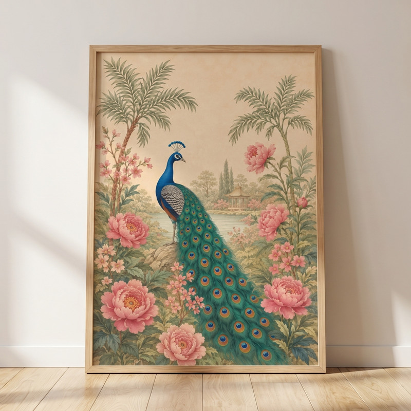 Vintage Peacock Chinoiserie Poster Pink Peony Garden Art Print Botanical Wall