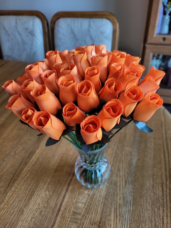 1 DOZEN - ORANGE WOODEN ROSE BUDS 5 X 8 ARTIFICIAL FLOWERS - FREE SHIPPING gallery
