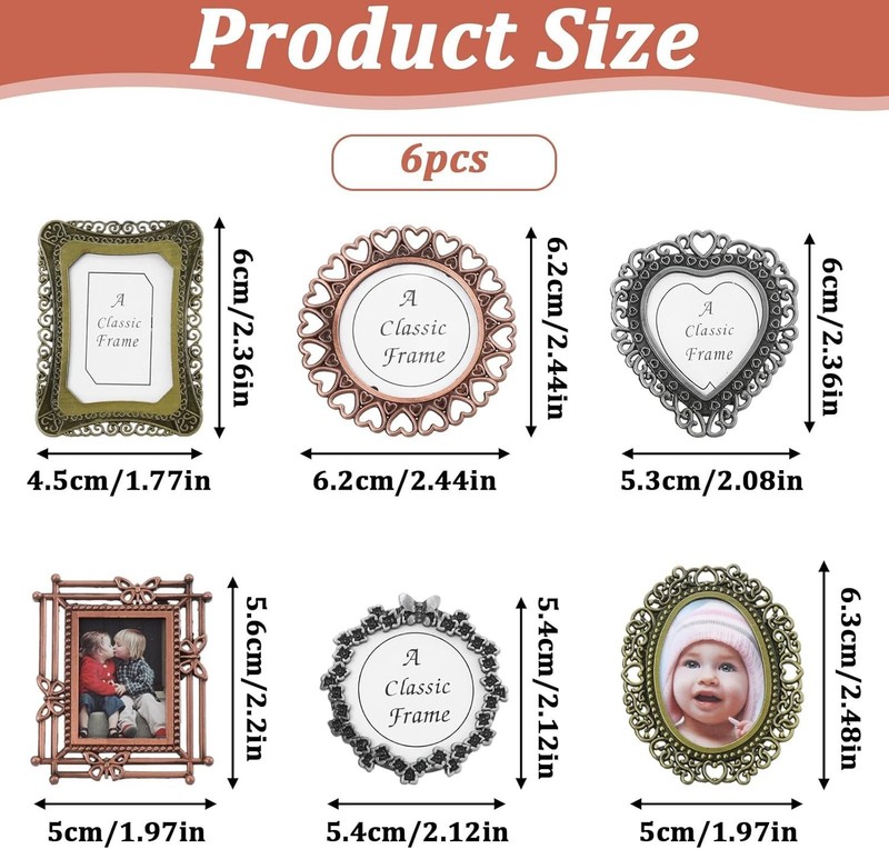 6PCS Mini Vintage Picture Frame Set 1inch Small Metal Photo Frames Assorted A... gallery