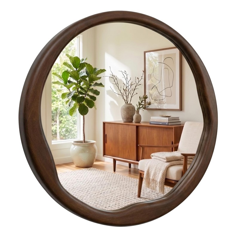 24″ Walnut Round Mirror, Retro Mid-Century Solid Wood Frame with Wavy Inner Edge