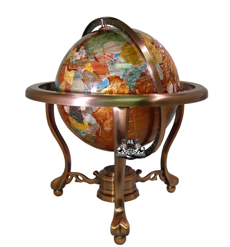 13″ Tall Amber Pearl Copper Stand Gem Gemstone World Map Globe Globes Maps