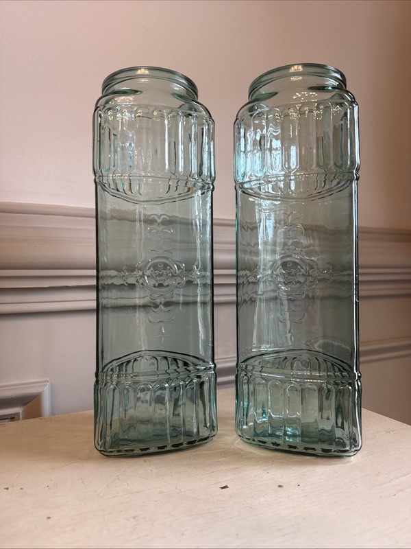 Two Turquoise 3-sided Storage Jars Embossed Design Glass 11.5″
