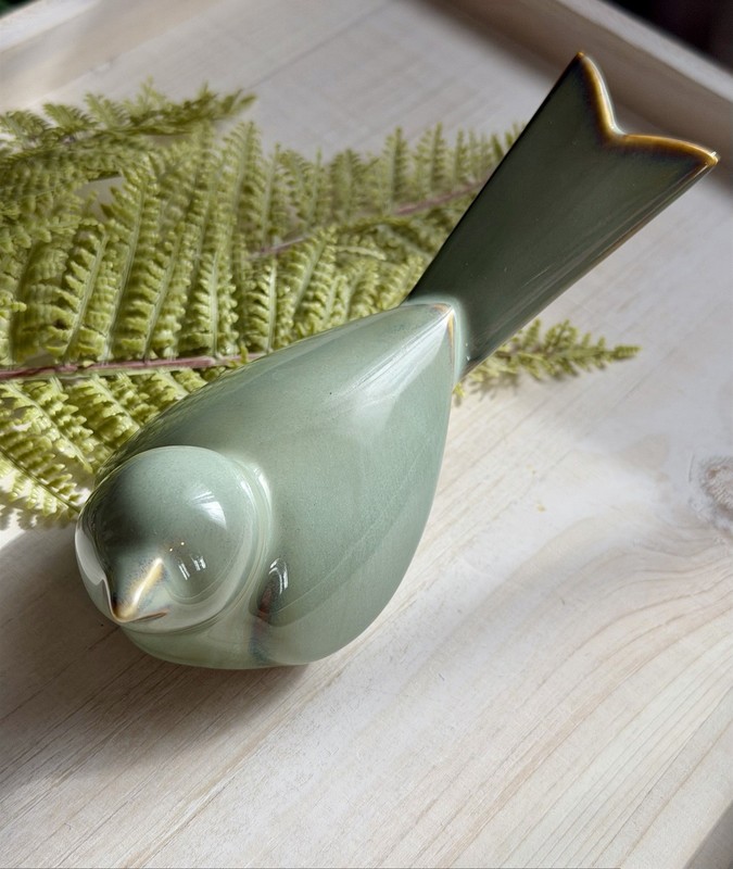 Lovely Vintage Stoneware Sage Sitting Bird Figurine Table Shelf Bird Decor
