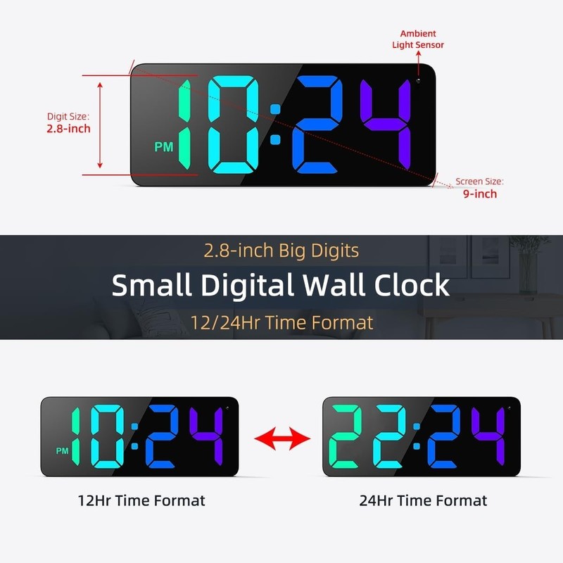 Modern LED Digital Wall Clock with Dynamic RGB Display & Large 2.8-Inch Digits gallery