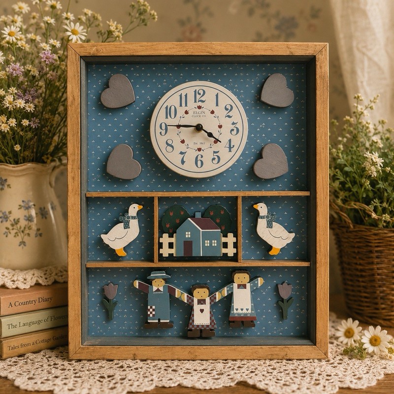 Vintage Country Goose Elgin Co. Clock Works 20×16 Cottage Core Wooden Frame 80s
