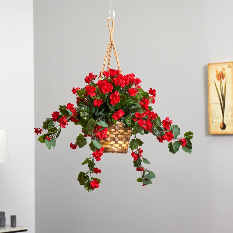 28” Geranium Artificial Plant Deco in Hanging Basket (Indoor/Outdoor).Retail $99