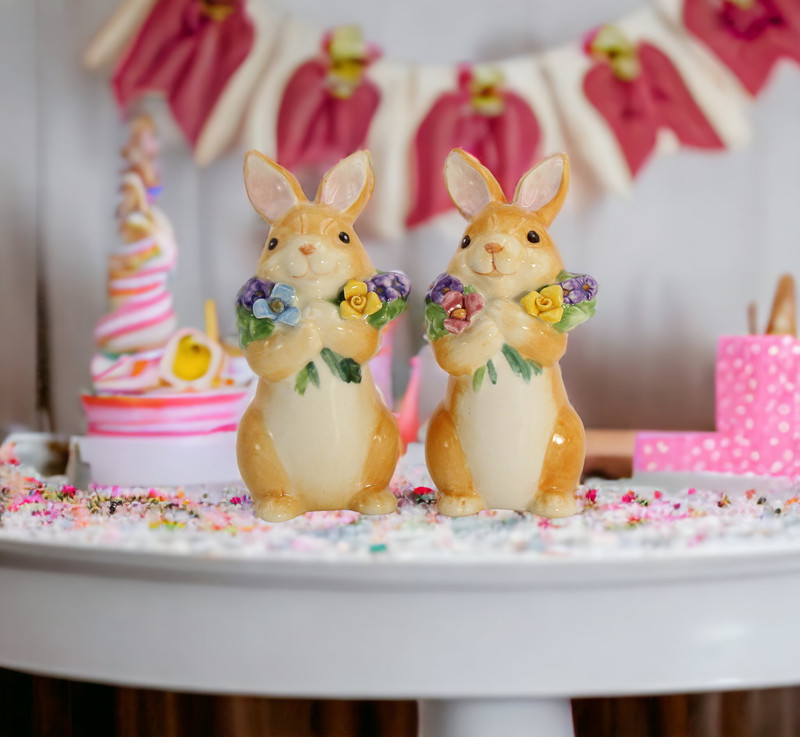 Ceramic Easter Bunny Rabbits with Flowers Salt and Pepper, Home Décor, Gift for