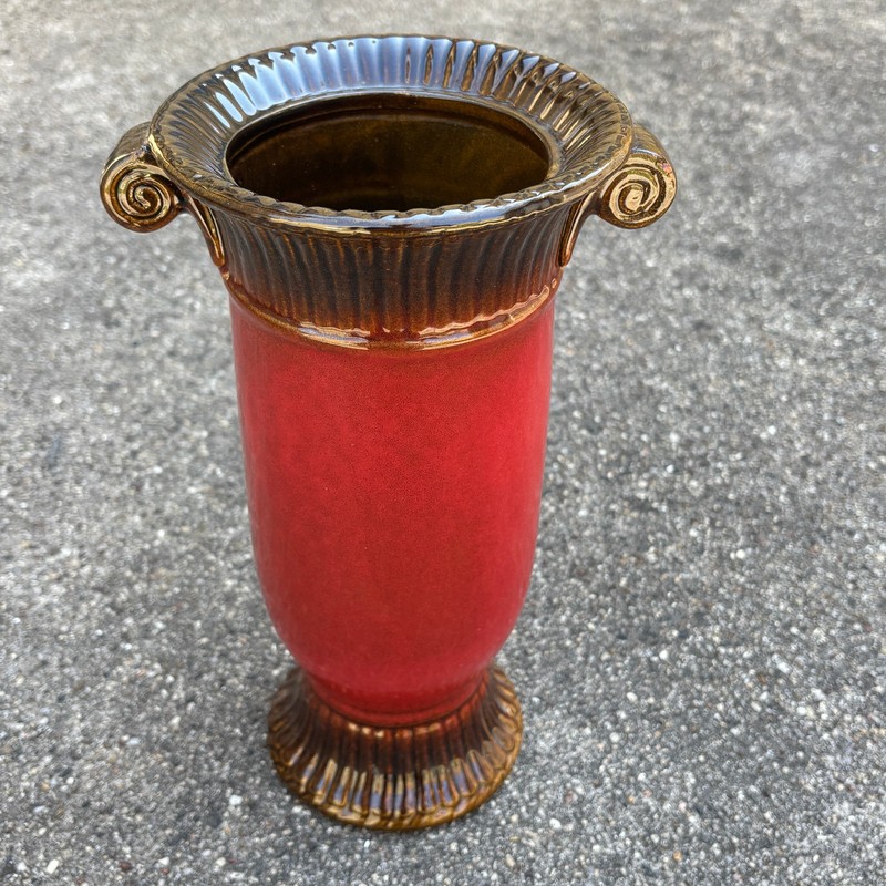 Red Orange Paneled Brown Handled Grecian Roman Ceramic Pottery Planter Vase Urn