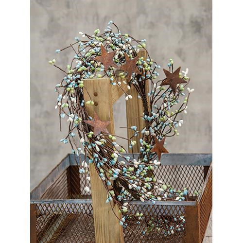 NEW Pip Berry Garland w/ Rusty 2″ Stars Blue Green White 40″ Beach Cottage