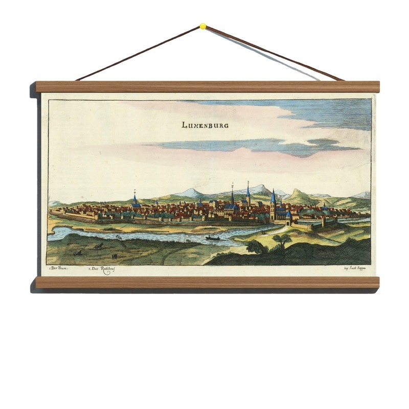 Antique 1685 Panoramic Town View of Luxembourg; Canvas, Magnetic Wooden Hanger