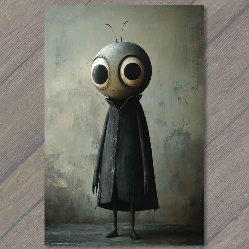 Art Print Whimsical Character Black Coat Sad Expression Unique Peculiar cute