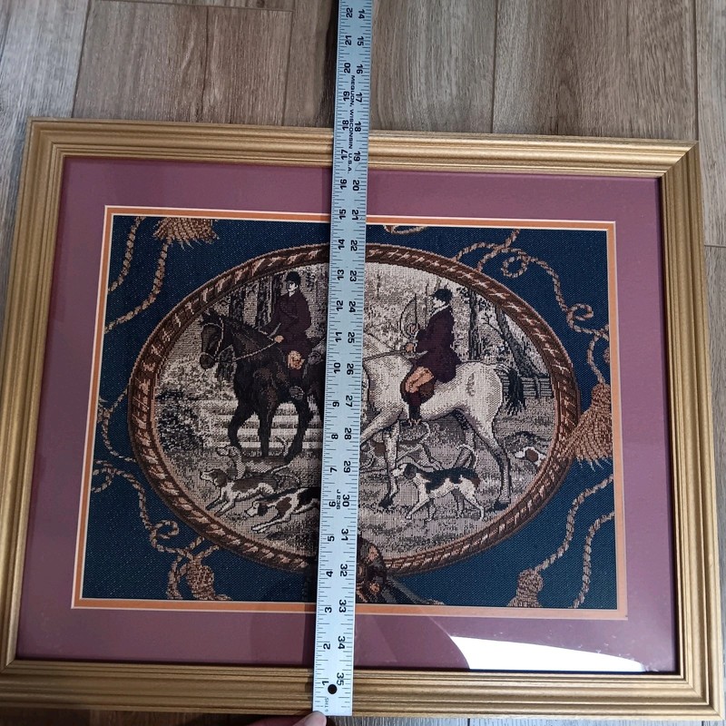 Vintage Framed English Fox Hunting Scene Tapestry Equestrian Country Estates gallery