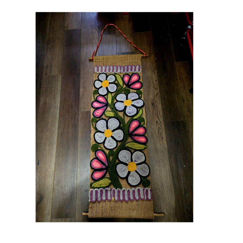 Bohemian Handmade Vintage 1970’s Burlap & Yarn Wall Art Hanging Tapestry 38″