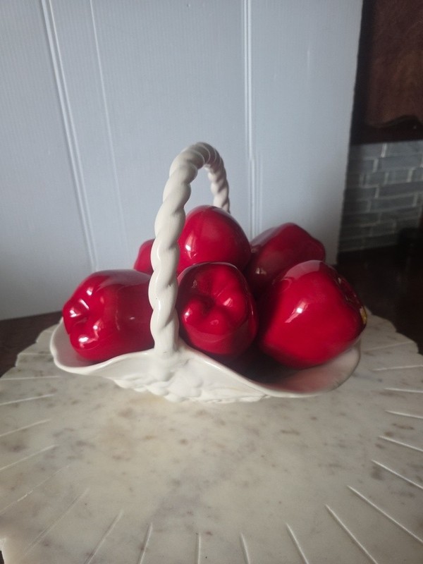 Ceramic Candy Red Apples (7) In White Basket Fruit Embossed Weave Handle