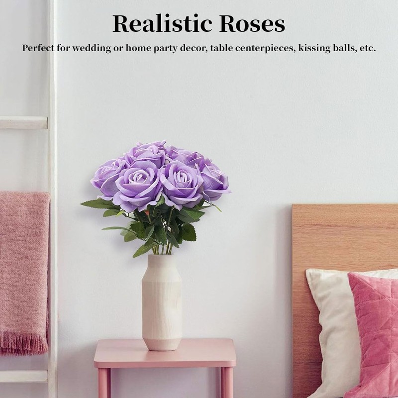 10PCS Artificial Roses Flower with Stems Slik Fake Flowers Light Purple gallery