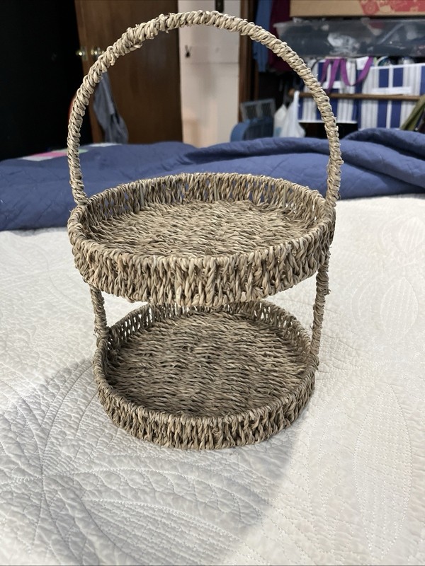 Wicker Farmhouse Two-Tier Rustic Basket Stand with Handle, 2-Tier, Used gallery