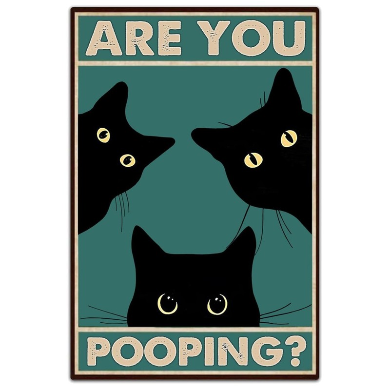 Humorous Black Cat Wall Art for Bathroom - 'Are You Pooping?' Vintage Style 8x12