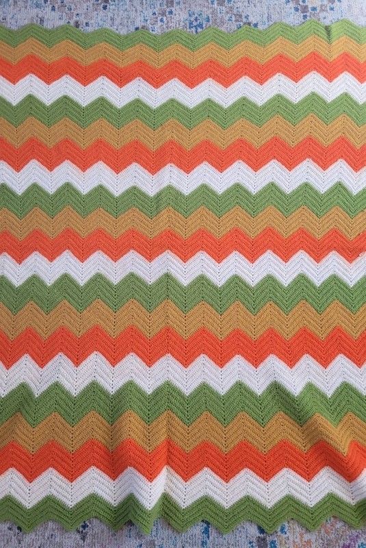 Vintage Handmade Crochet Sofa Couch Blanket 53"x42" Retro Green Orange White gallery