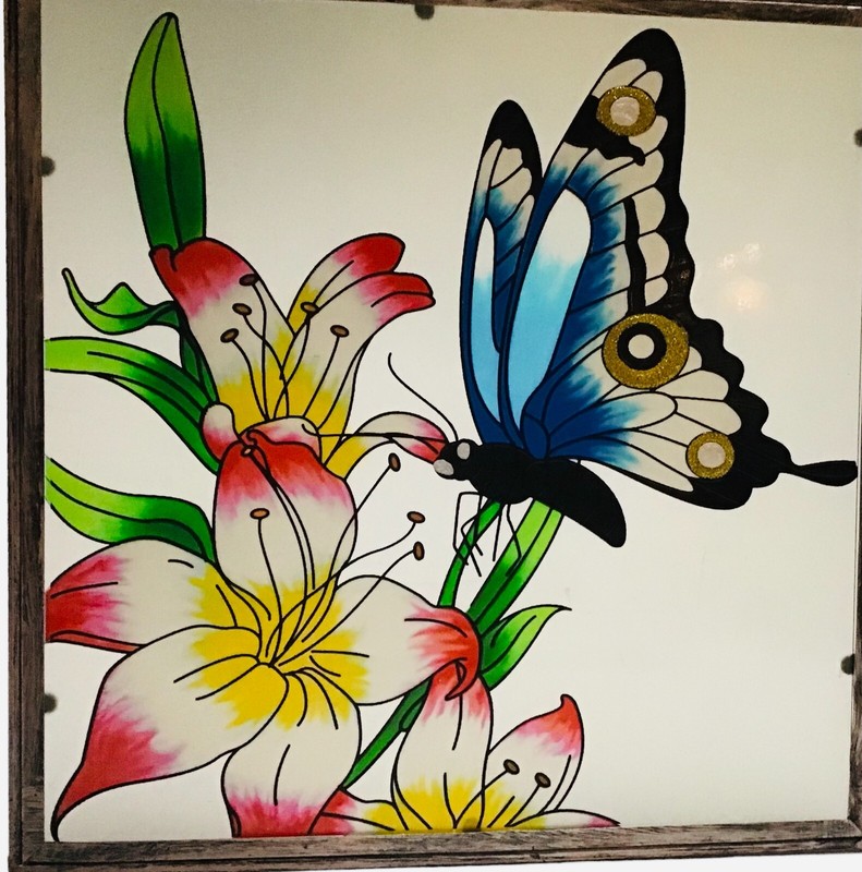 Stained Glass Sun Catcher Butterfly and Flowers 10″ Frosted Metal Frame w Chain