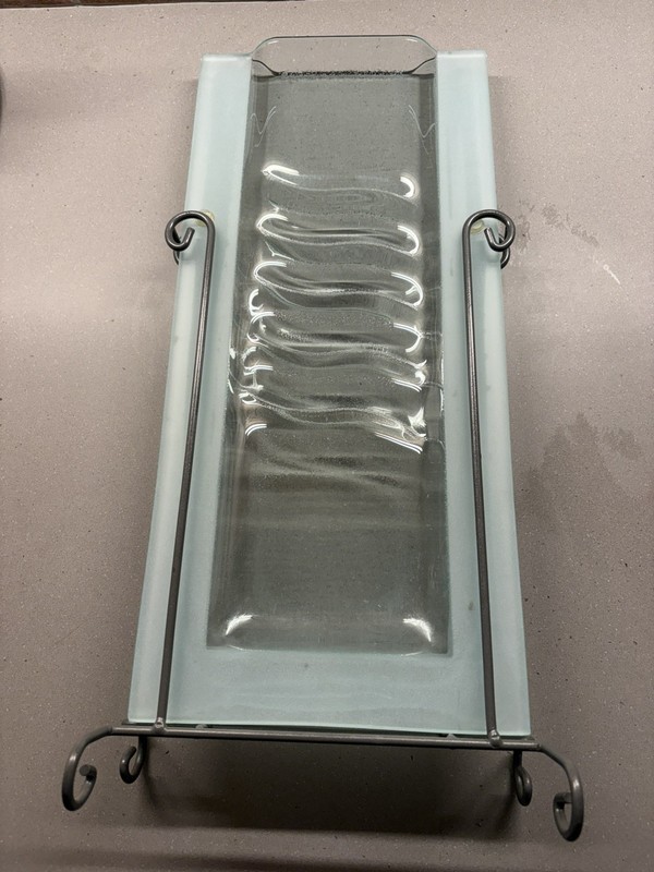 Rare 19”x9” Mark Hines Clear & Frosted Art Glass Floating Flat Vase Metal Stand