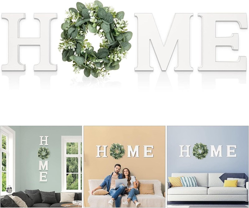 Wood Home Sign for Wall Decor Wooden Letters with Wreath White