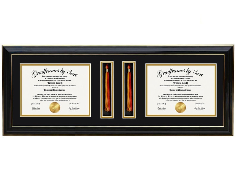 Custom Double Diploma Frame with Tassel Holders – Black/Black – Wood & Glass-H