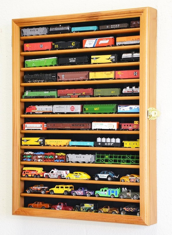 Train Display Case N/Z Scale Oak Wall Cabinet Railroad Locomotive Wood Frame