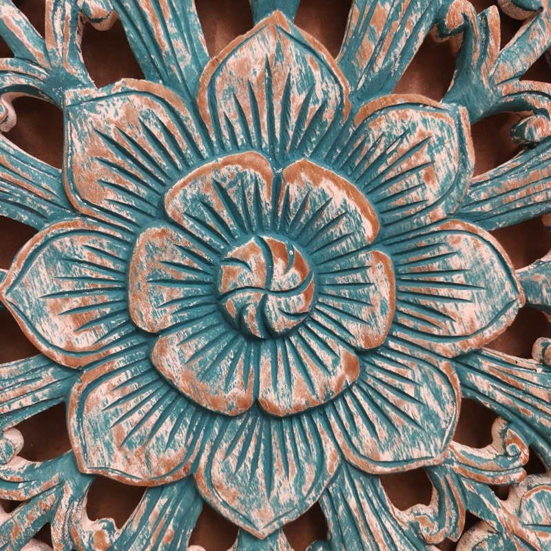 24" Round Teak Wood Wall Art Hand Carved Floral Mandala Turquoise White RS003 gallery