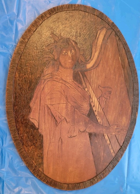 Vintage XMas 1904 Folk Art Wood Engraving – Lady Playing A Harp – Wall Hanging