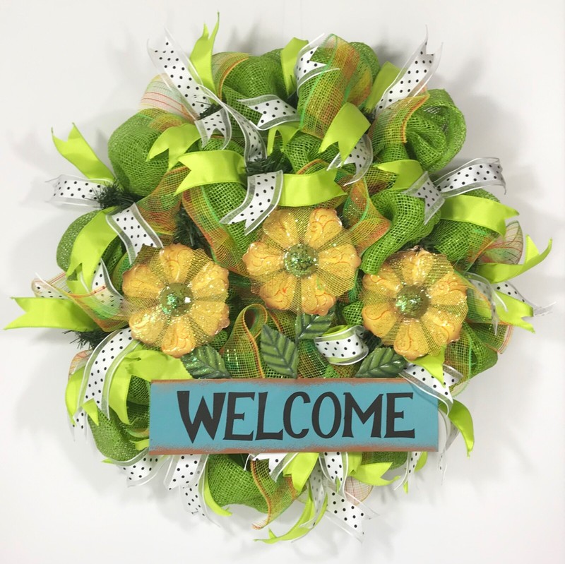 SUMMER WREATH GREEN DECO MESH YELLOW DAISY FLOWERS METAL WELCOME SIGN RIBBONS