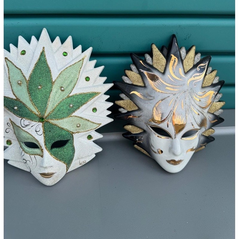 F.lli Motta Italian Ceramic Wall Masks Set of 2 Green Gold Glitter Masquerade