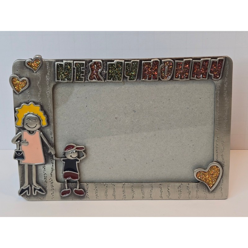 VTG Me & My Mommy Pewter Tone Metal 4×6 Picture Frame Glitter Hearts Whimsical