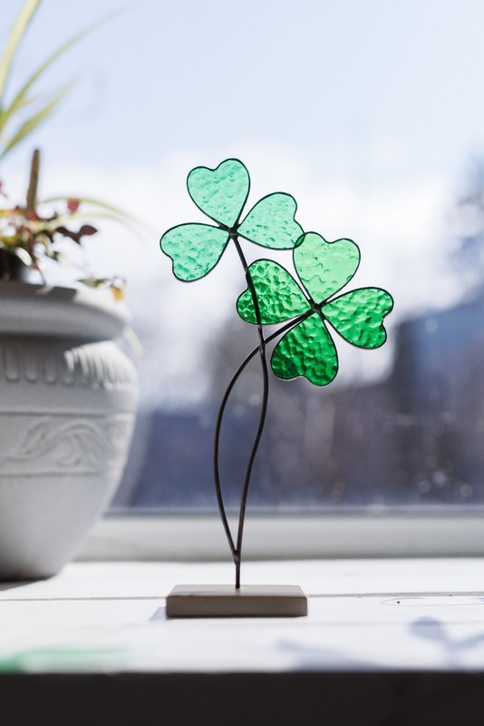 Stained Glass 4 Leaf Clover Suncatcher - Lucky Shamrock Table Decor Gift gallery